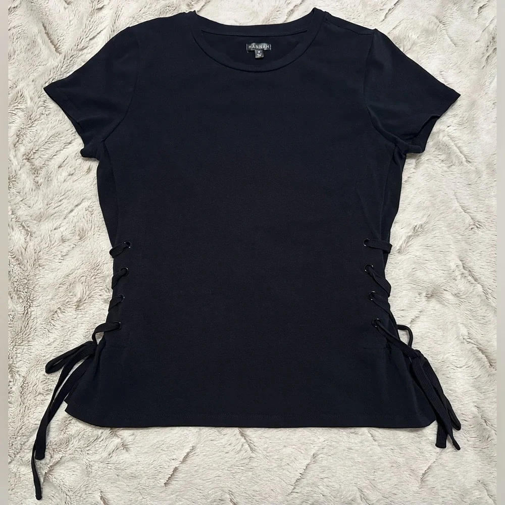 Hannah Black Lace-Up Eyelet Short Sleeve Top - Picture 1 of 7